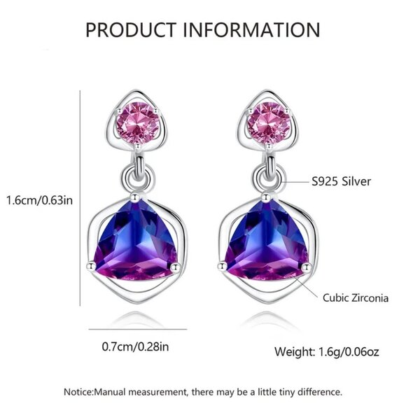 NEW!  1 Pair 925 Sterling Silver Geometric Zircon White Gold Plated Drop Earring - Picture 3 of 4